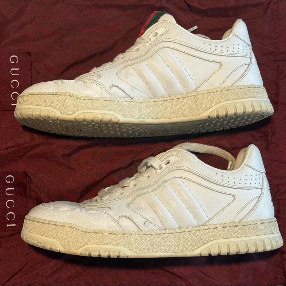 Gucci White Leather Low-Top Sneakers with Green and Red Web Accent - Picture 3 of 8